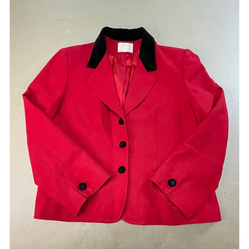 Vintage Pendleton Blazer Women 12 Red Virgin Wool Jacket Coat Velvet Collar USA*